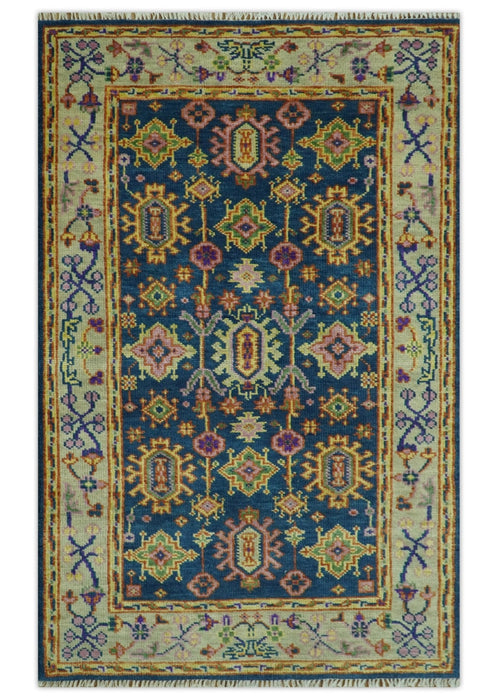 Hand Knotted Blue and Beige Persian Design Wool Rug