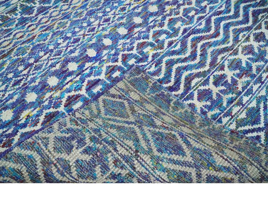 Hand Knotted Blue and Ivory 5.6x8.5 Modern Contemporary Southwestern Tribal Trellis Recycled Art Silk Area Rug