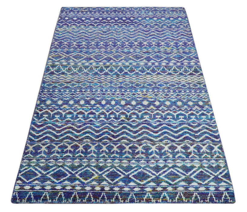 Hand Knotted Blue and Ivory 5.6x8.5 Modern Contemporary Southwestern Tribal Trellis Recycled Art Silk Area Rug