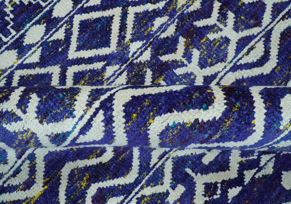 Hand Knotted Blue and Ivory 8x10 Southwestern Tribal Trellis Recycled Art Silk Area Rug