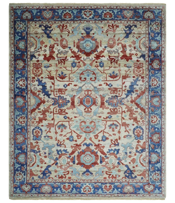 Hand Knotted Blue and Ivory Antique Vintage Style Custom Made Wool Rug, Living Room Rug