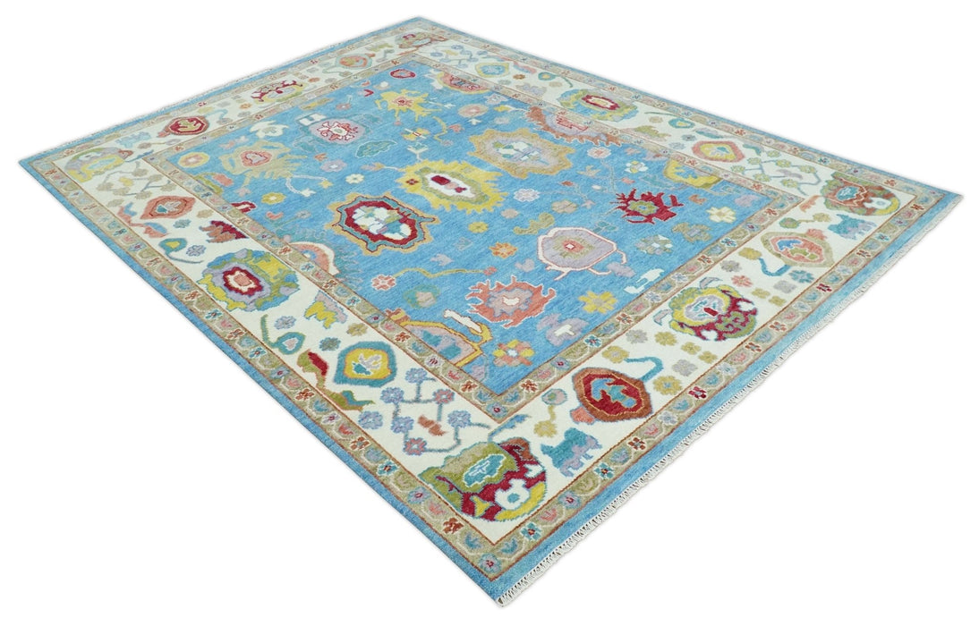 Blue and Ivory Traditional Oushak Hand Knotted Wool Area Rug