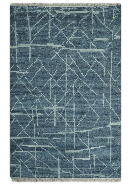 Hand Knotted Blue and Silver Trellis Moroccan Rug Made with Blended Wool Multi size Rug