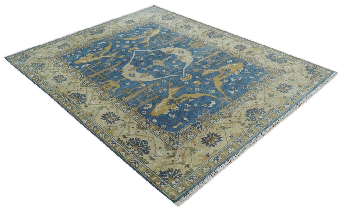 Hand Knotted Blue, Beige and Olive Oriental Oushak 8x10 Wool Area Rug