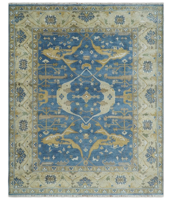 Hand Knotted Blue, Beige and Olive Oriental Oushak 8x10 Wool Area Rug