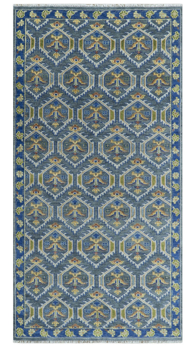 Hand Knotted Blue, Gold and Moss Green Vintage Style Custom Made wool Area Rug