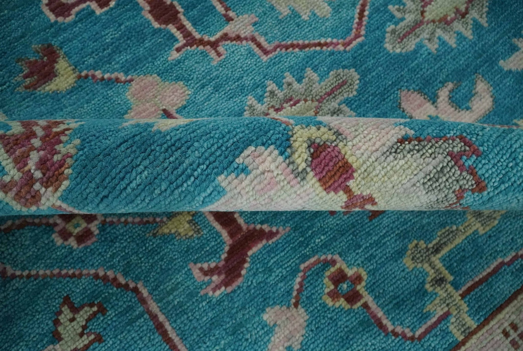 Hand Knotted Blue, Ivory and Maroon Oriental Oushak 9x12 Traditional Wool Area Rug