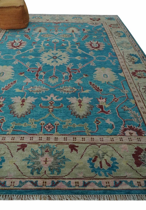 Hand Knotted Blue, Ivory and Maroon Oriental Oushak 9x12 Traditional Wool Area Rug