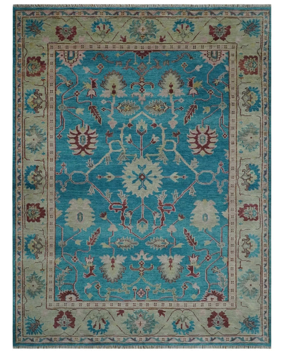 Hand Knotted Blue, Ivory and Maroon Oriental Oushak 9x12 Traditional Wool Area Rug