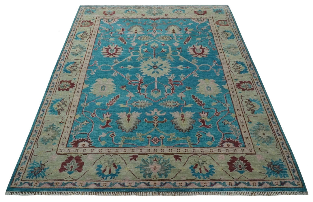 Hand Knotted Blue, Ivory and Maroon Oriental Oushak 9x12 Traditional Wool Area Rug