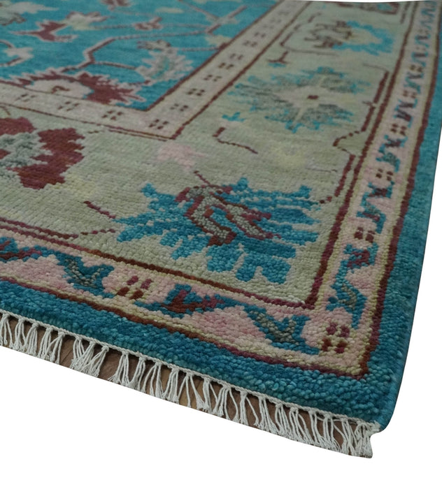 Hand Knotted Blue, Ivory and Maroon Oriental Oushak 9x12 Traditional Wool Area Rug