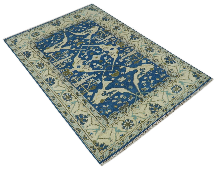 Hand Knotted Blue, Ivory and Olive 6x9 Oriental Oushak wool area rug