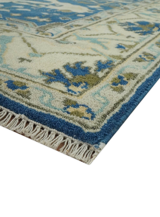 Hand Knotted Blue, Ivory and Olive 6x9 Oriental Oushak wool area rug