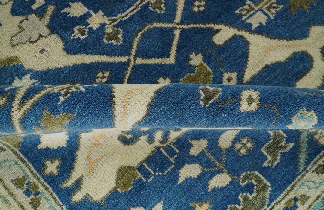 Hand Knotted Blue, Ivory and Olive 6x9 Oriental Oushak wool area rug