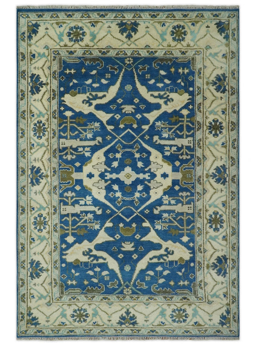 Hand Knotted Blue, Ivory and Olive 6x9 Oriental Oushak wool area rug