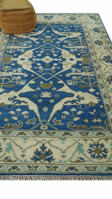 Hand Knotted Blue, Ivory and Olive 6x9 Oriental Oushak wool area rug