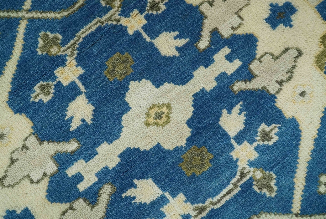 Hand Knotted Blue, Ivory and Olive 6x9 Oriental Oushak wool area rug