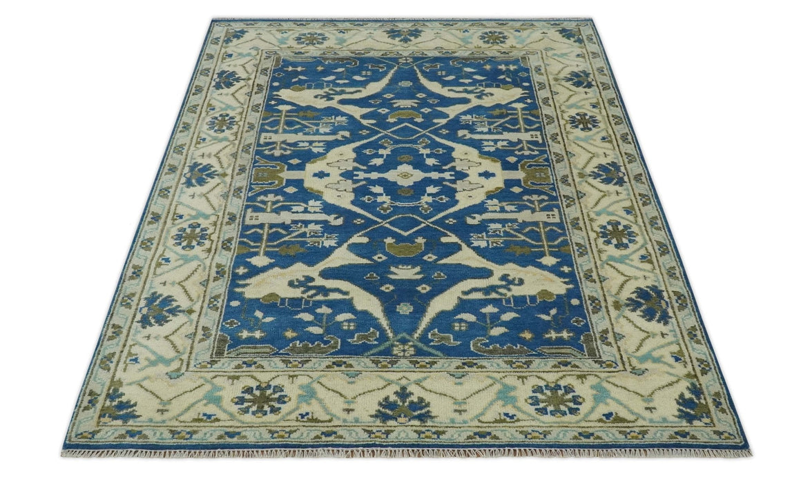 Hand Knotted Blue, Ivory and Olive 6x9 Oriental Oushak wool area rug
