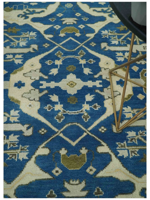 Hand Knotted Blue, Ivory and Olive 6x9 Oriental Oushak wool area rug