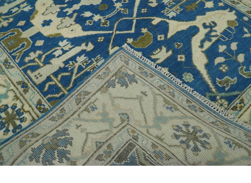 Hand Knotted Blue, Ivory and Olive 6x9 Oriental Oushak wool area rug