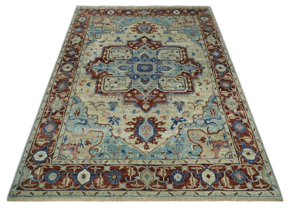 Hand Knotted Blue, Ivory and Rust Antique Persian Heriz Serapi Wool Rug, 5x8, 6x9, 8x10 and 9x12 Living Room Rug | TRD2559