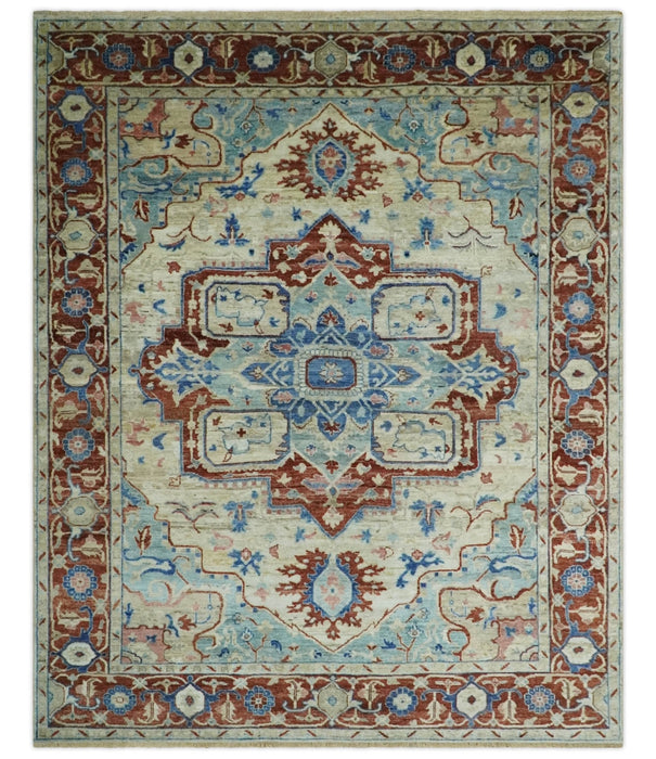 Hand Knotted Blue, Ivory and Rust Antique Persian Heriz Serapi Wool Rug, 5x8, 6x9, 8x10 and 9x12 Living Room Rug | TRD2559