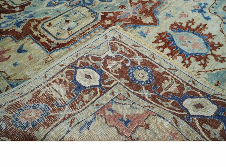 Hand Knotted Blue, Ivory and Rust Antique Persian Heriz Serapi Wool Rug, 5x8, 6x9, 8x10 and 9x12 Living Room Rug | TRD2559