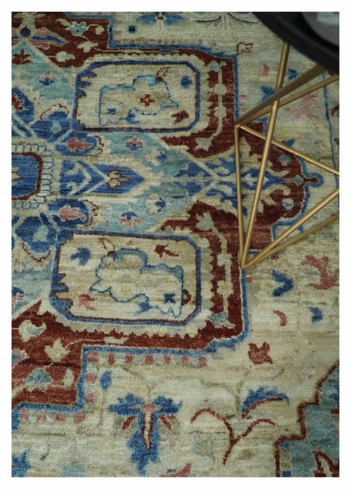 Hand Knotted Blue, Ivory and Rust Antique Persian Heriz Serapi Wool Rug, 5x8, 6x9, 8x10 and 9x12 Living Room Rug | TRD2559