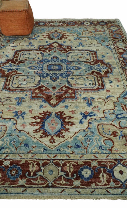 Hand Knotted Blue, Ivory and Rust Antique Persian Heriz Serapi Wool Rug, 5x8, 6x9, 8x10 and 9x12 Living Room Rug | TRD2559