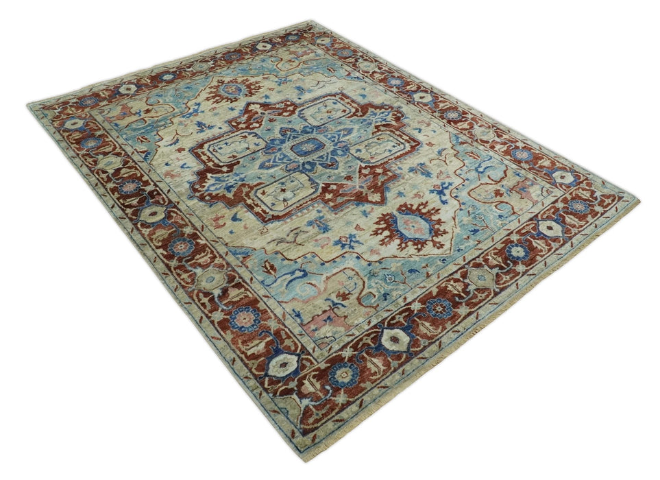 Hand Knotted Blue, Ivory and Rust Antique Persian Heriz Serapi Wool Rug, 5x8, 6x9, 8x10 and 9x12 Living Room Rug | TRD2559