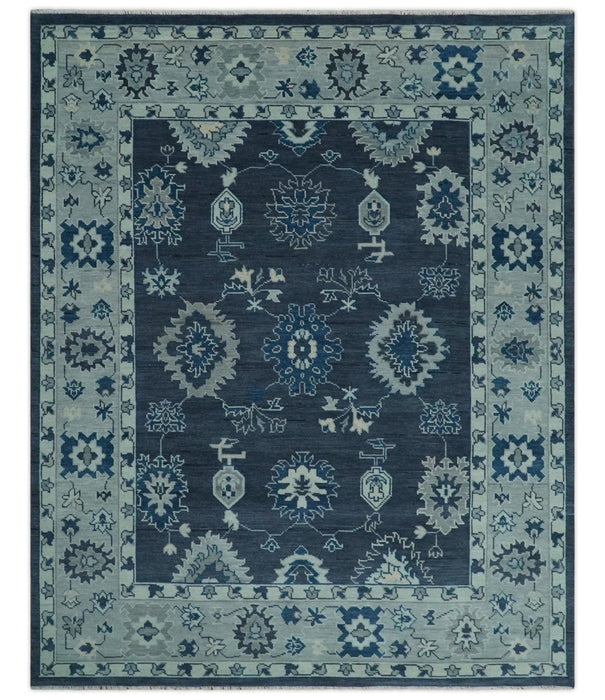 Hand Knotted Blue, Silver and Ivory Traditional Oushak Vintage Style Wool Rug