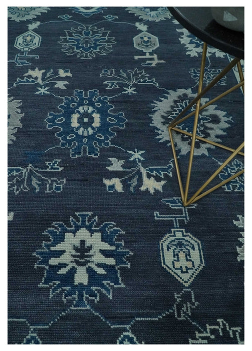 Hand Knotted Blue, Silver and Ivory Traditional Oushak Vintage Style Wool Rug