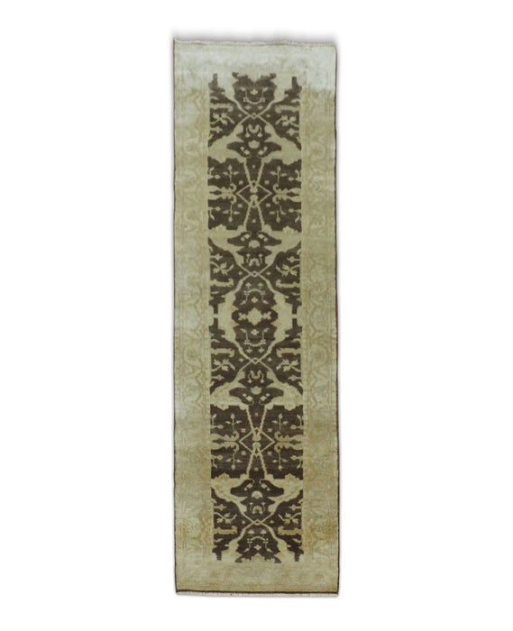 Hand Knotted Brown and Beige Antique Oushak Wool Runner Rug