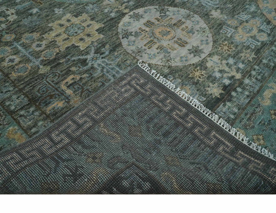Hand Knotted Charcoal, and Aqua Oriental Khotan Multi Size Traditional Wool Area Rug