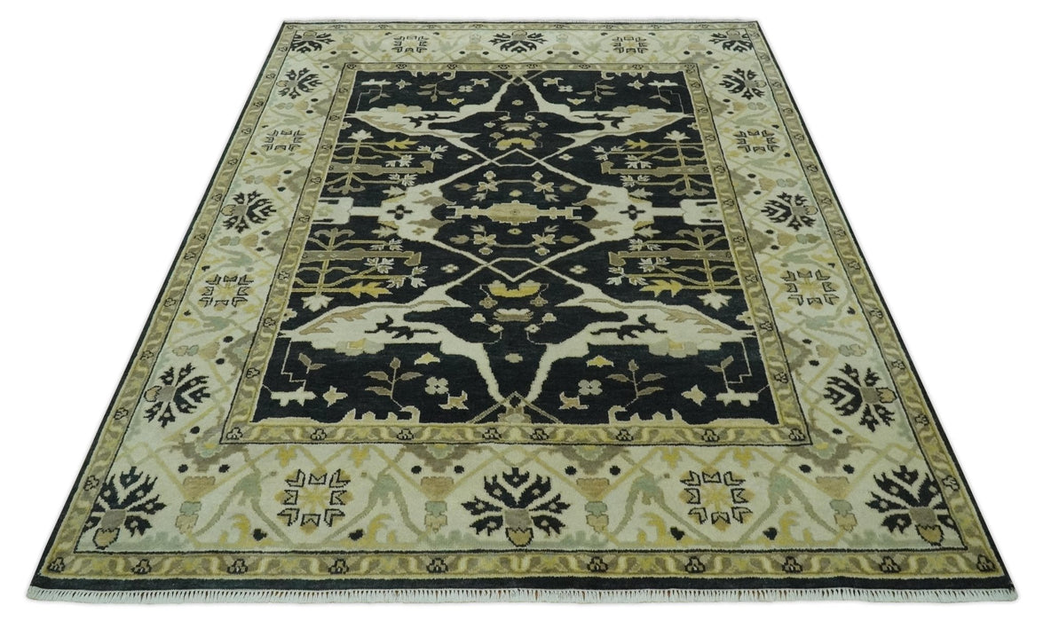 Hand Knotted Charcoal, Ivory and Olive Oriental Oushak 8x10 Wool Area Rug