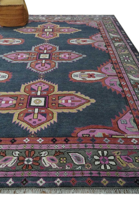 Hand Knotted Charcoal, Silver and Pink Traditional 9x12 Wool Area Rug