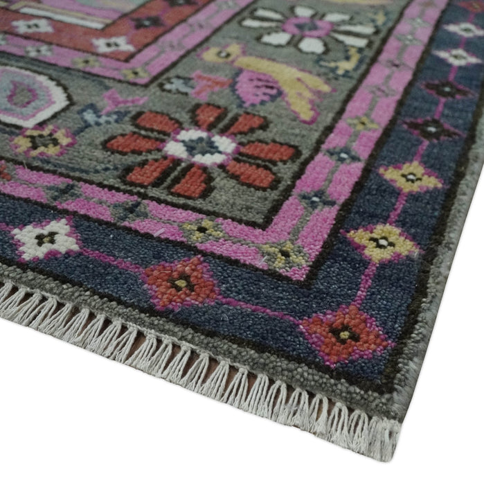Hand Knotted Charcoal, Silver and Pink Traditional 9x12 Wool Area Rug