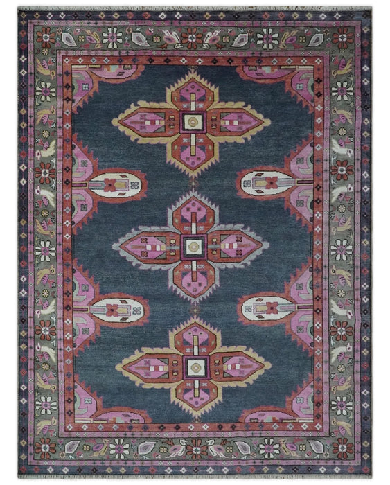 Hand Knotted Charcoal, Silver and Pink Traditional 9x12 Wool Area Rug