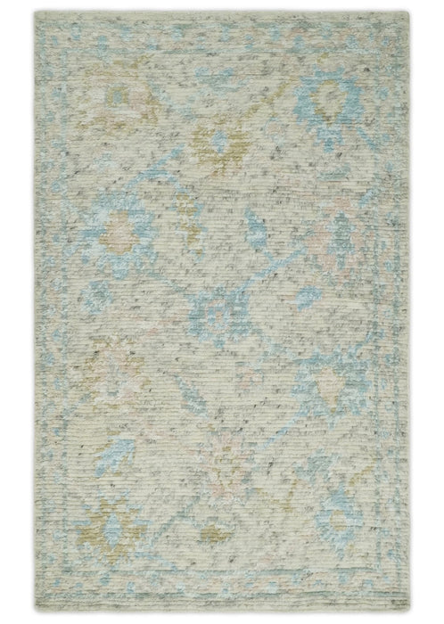 Modern Contemporary Ivory and Blue Hand Knotted Wool Rug