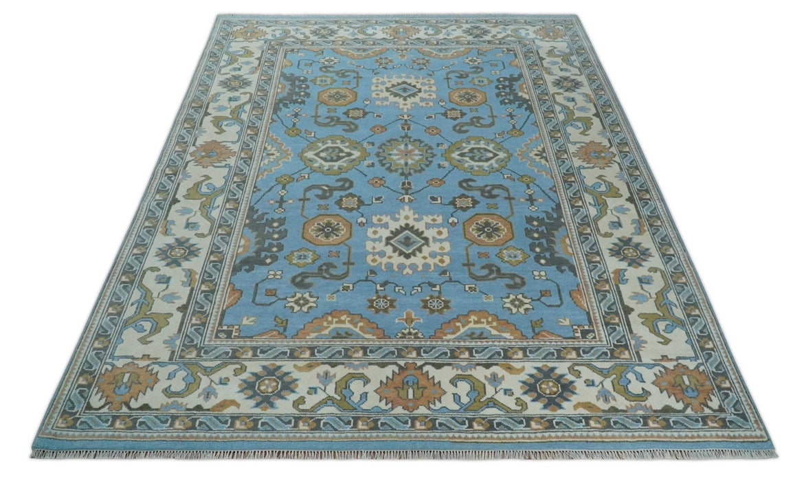Hand Knotted Custom Made Blue and Ivory Traditional Oushak Wool Rug