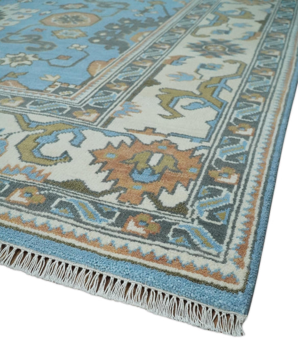 Hand Knotted Custom Made Blue and Ivory Traditional Oushak Wool Rug