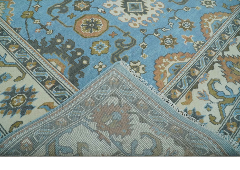 Hand Knotted Custom Made Blue and Ivory Traditional Oushak Wool Rug