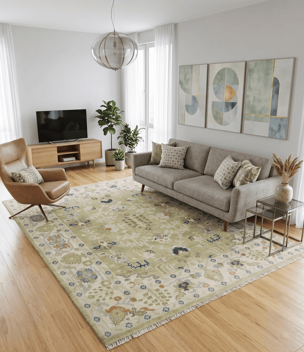 Hand Knotted Custom Made Olive, Silver and Beige Traditional Wool Rug