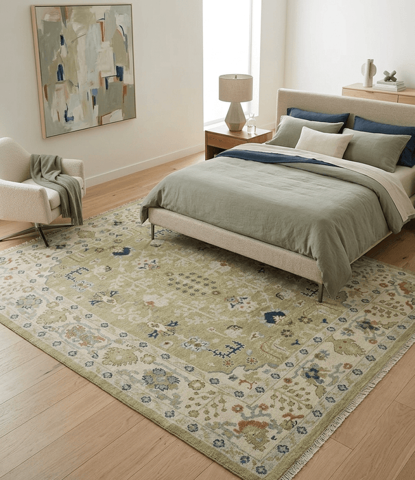 Hand Knotted Custom Made Olive, Silver and Beige Traditional Wool Rug