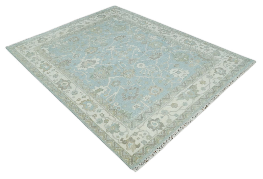 Hand Knotted Custom Made Oriental Oushak Aqua, Ivory and Beige Wool Area Rug