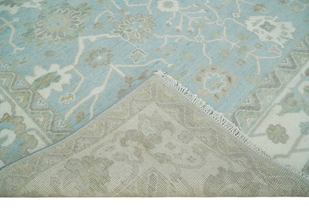 Hand Knotted Custom Made Oriental Oushak Aqua, Ivory and Beige Wool Area Rug