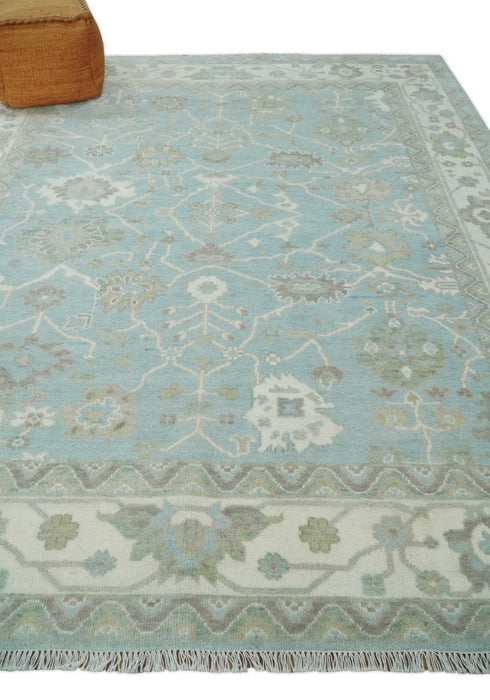 Hand Knotted Custom Made Oriental Oushak Aqua, Ivory and Beige Wool Area Rug