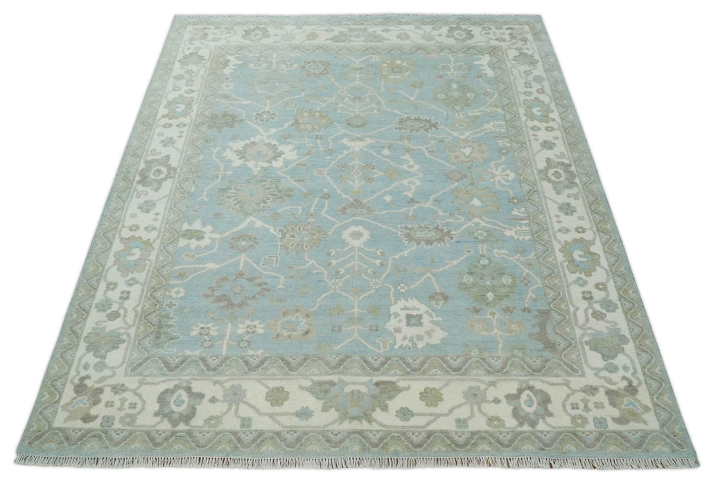Hand Knotted Custom Made Oriental Oushak Aqua, Ivory and Beige Wool Area Rug