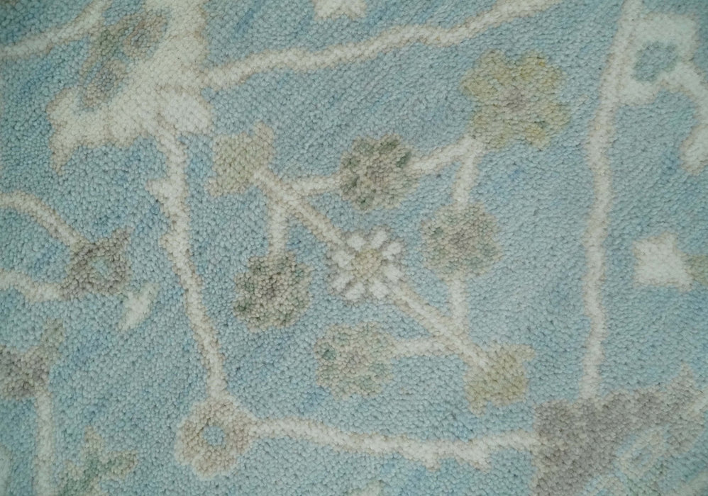 Hand Knotted Custom Made Oriental Oushak Aqua, Ivory and Beige Wool Area Rug
