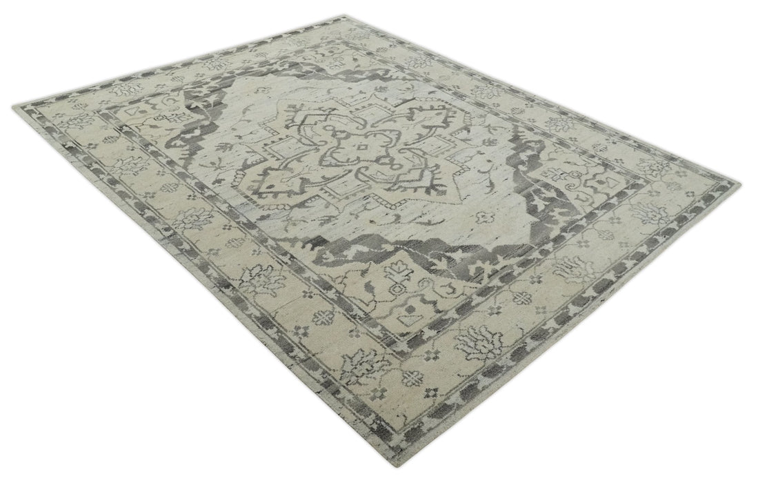 Hand Knotted Earthy Neutral Serapi Wool Rug, Charcoal, Beige and Ivory
